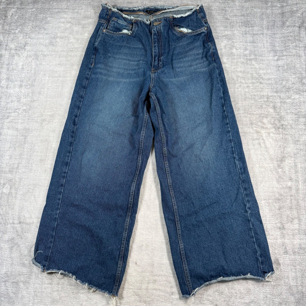 SF Jeans Co Jeans Womens 34 Blue Wide Leg Baggy Raw Frayed Waistband Denim